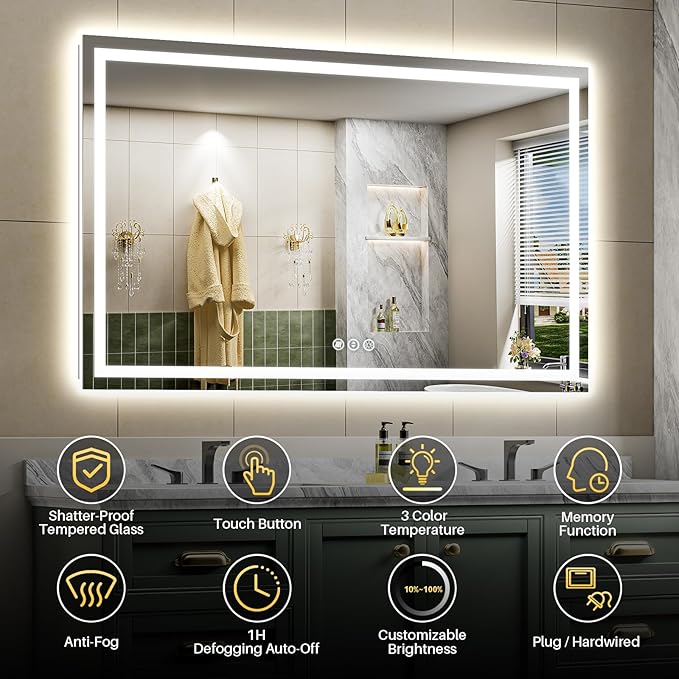 66"x40" LED Bathroom Mirror with Lights, Backlit & Front Lit, Anti-Fog Lighted Bathroom Vanity Mirror for Wall, Memory Function, Dimmable, HD Tempered Glass, Shatter-Proof