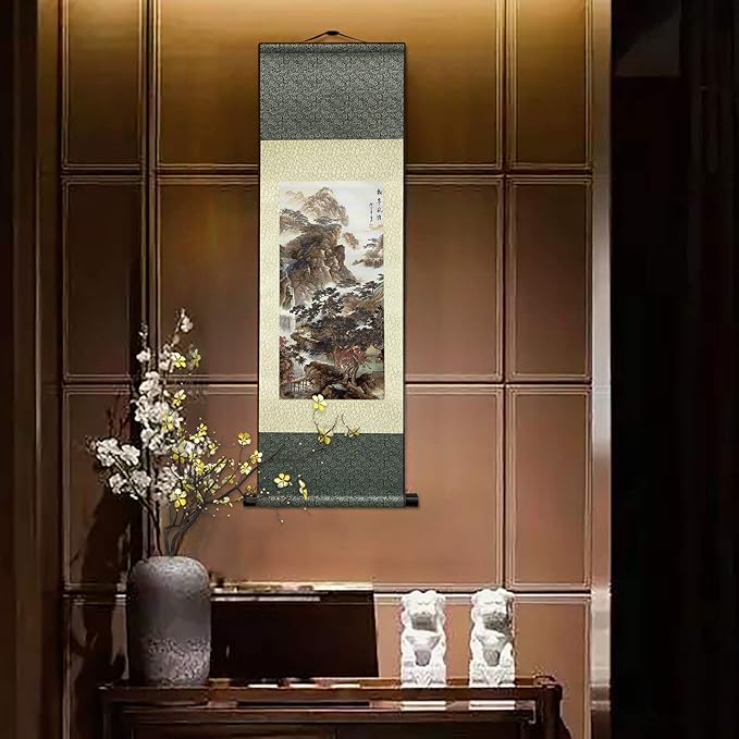 AtfArt Asian Wall Decor - Beautiful Silk Scroll Painting of Waterfall River Landscape - Songting Qingfeng Oriental Decor Chinese Art Wall Scroll (36.2 x 12 in)