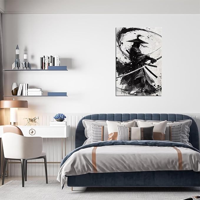 Japanese Samurai Wall Art Black and White Warrior Wall Decor Prints Vintage Japanese Cultural Samurai Pictures Canvas Painting Framed for Living Room Bathroom Bedroom Office (18''W x 24''H)