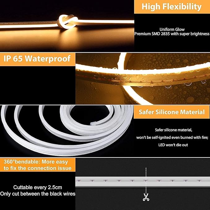 Lamomo LED Neon Lights, 12V Warm White Dimmable LED Strip Lights, 16.4ft/5m Waterproof LED Neon Rope Lights, Silicone 3000K Neon LED Strip for Bedroom Indoor Home Decor (Power Adapter Included)