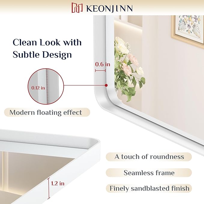 Keonjinn White Bathroom Mirror for Over Sink, 24 x 32 Inch Metal Framed Bathroom Vanity Mirrors for Wall, Rounded Corner Rectangle Farmhouse Mirror, Anti-Rust, HD Tempered Glass(Horizontal/Vertical)