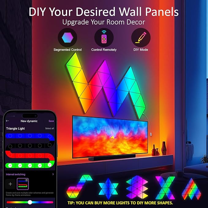 8 PCS Triangle Light Panels – Smart RGB Gaming Triangle LED Lights with App & Music Sync – Bedroom Lamp, Wall Art, Essentials, Playroom & Home Deco