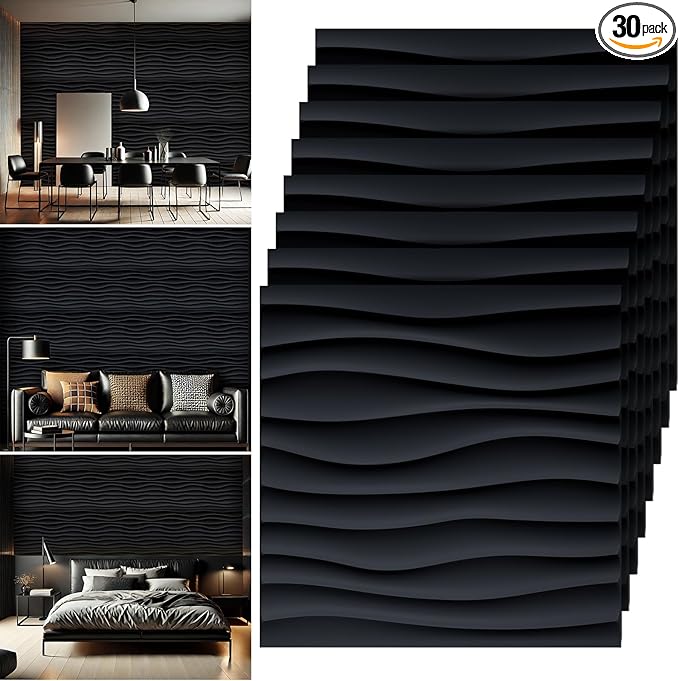 Chunful 30 Pcs 28.81 Sq ft 3D Wall Panels PVC Wave Design,11.8" x 11.8" Wall Panels Brick Wallpaper Waterproof for Interior Living Room Bedroom Decor(Black)