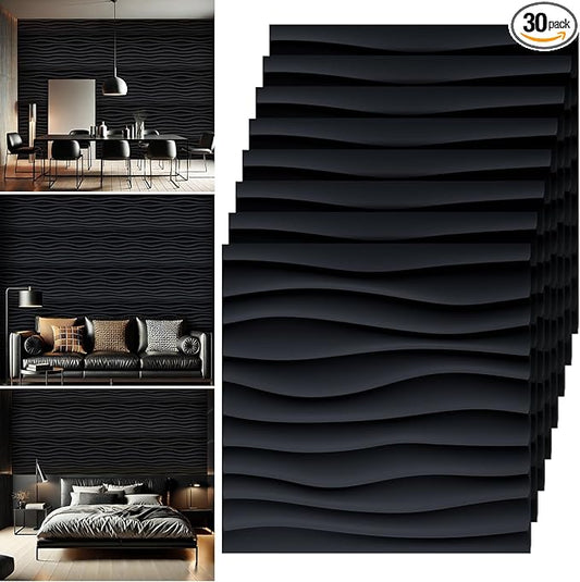 Chunful 30 Pcs 28.81 Sq ft 3D Wall Panels PVC Wave Design,11.8" x 11.8" Wall Panels Brick Wallpaper Waterproof for Interior Living Room Bedroom Decor(Black)
