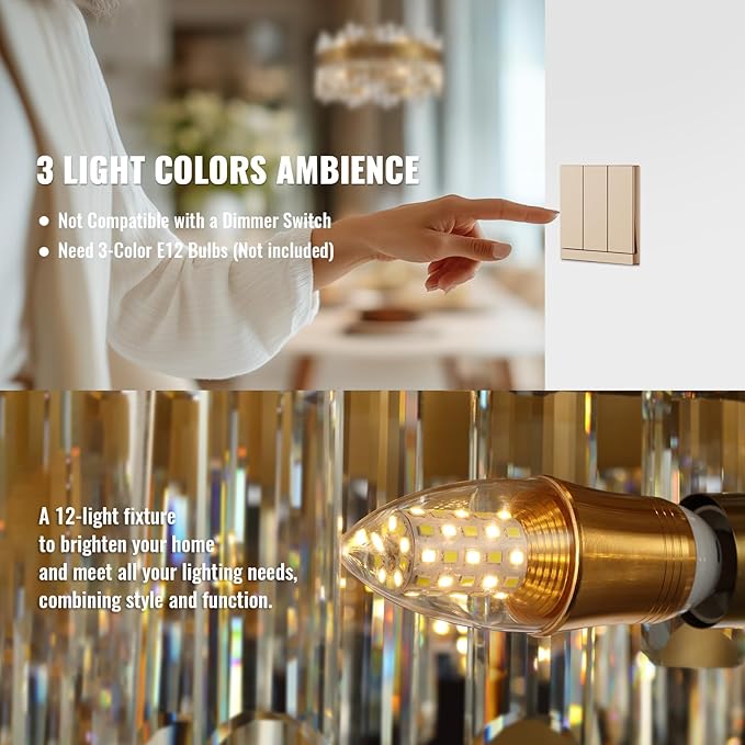 Modern Gold Crystal Chandelier, 12-Light Luxury Dining Room Chandelier, Elegant K9 Crystal Pendant Ceiling Light Fixture for Living Room, Kitchen, Entryway, E12 Base, 59" Adjustable Wire