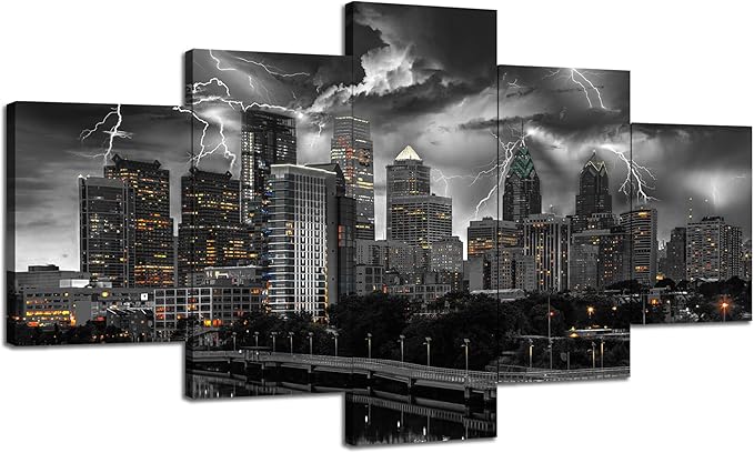 Cawpom Philadelphia Wall Art Philadelphia Skyline Wall Decor Black and White Picture Frame Lightning Canvas Print - (60x32 inches) Pennsylvania Painting Poster - Heartwarming Gift for Home Decoration