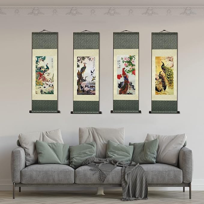 AtfArt 4 Pack Asian Wall Decor - Beautiful Silk Scroll Painting Birds - Phoenix Oriental Decor Chinese Art Wall Scroll Wall Hanging Painting (36.2 x 12 in)