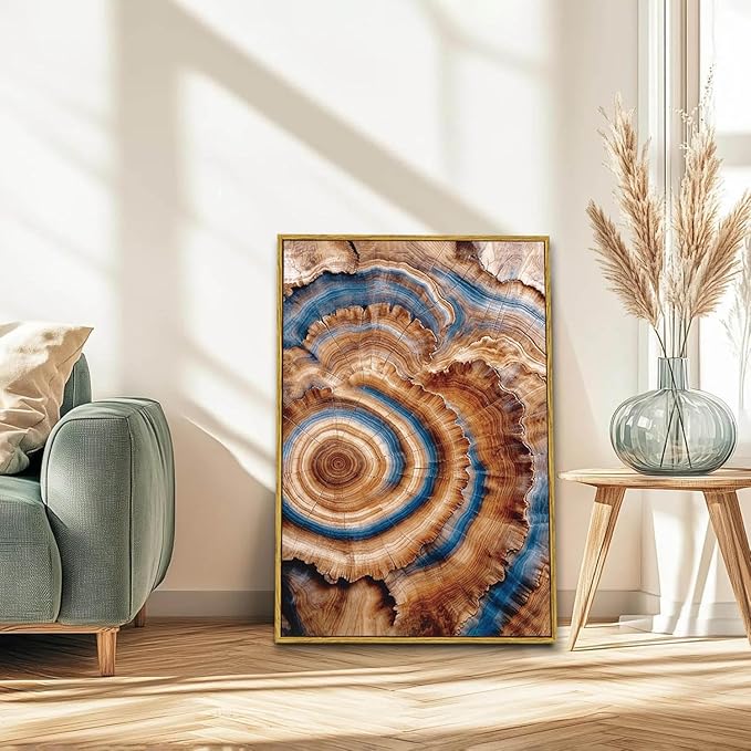 BingruiArt Large Framed Tree Ring Wall Art Wood Canvas Colorful Boho Wall Decor Rustic Artwork Abstract Painting Farmhouse Picture Nature Print for Living Room Bedroom Bathroom 24"x36" Natural Framed(10)