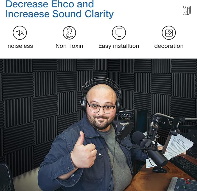 12 Pack Self-Adhesive Acoustic Panels - 1”X 12”X 12”Wall Panels - Quick-Recovery and High Density Sound Panels - Sound proof Acoustic Foam for Home Studio - Black and Gray