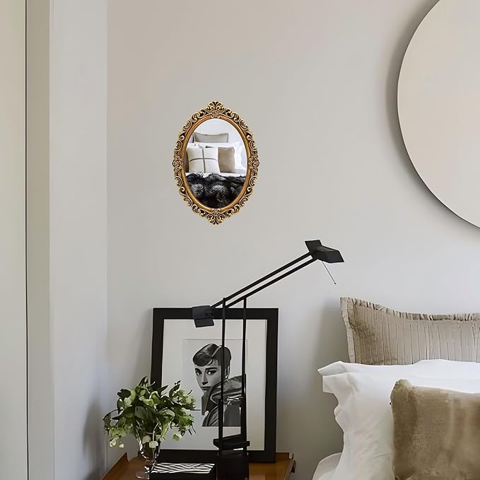 OIGUMR Oval Smallest Wall Mirror Resin Frame Size：12 x 8.3 inch Mirror Vintage Hanging Mirrors for Bedroom Living-Room Dresser Decor Gold