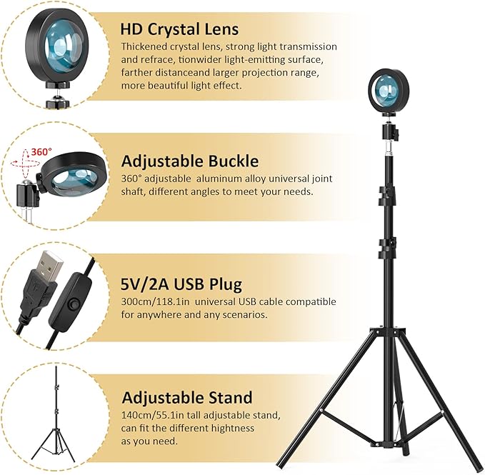 Balkwan Sunset Floor Lamp Projection 140cm Adjustable Stand Led Night Light 360 Degree Rotation Network Light with 3M USB Cable Floor Light for Living Room Bedroom