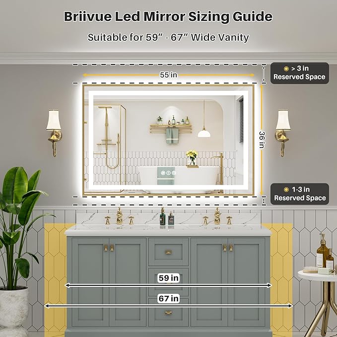 55x36 Inch LED Bathroom Mirror with Gold Frame, Backlit & Front Lit, Anti-Fog Lighted Bathroom Vanity Mirror for Wall, Memory Function, Dimmable, HD Tempered Glass, Shatter-Proof
