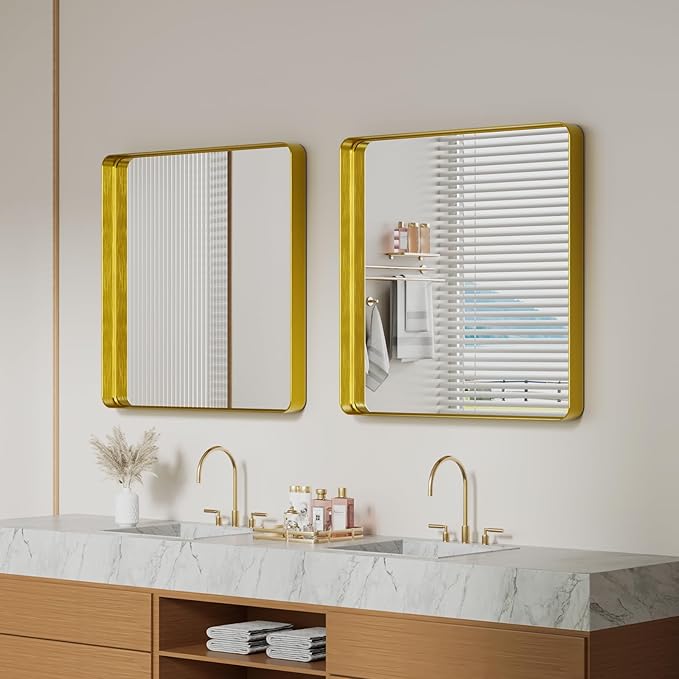 Koonmi Gold Wall Mirror for Bathroom, 30x30 Inch Matte Deep Framed Rounded Rectangle Vanity Mirror for Farmhouse Living Room, Tempered Glass, Anti-Rust, Vertically or Horizontally