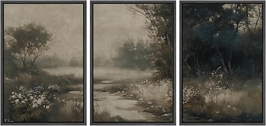 MUDECOR Framed Wall Art Print Set Vintage Landscape Subtle Forest and River in Earthy Tones Illustrations Modern Art Boho Decorative Colorful Chic for Living Room, Bedroom, Office - 24"x36"x3 Black