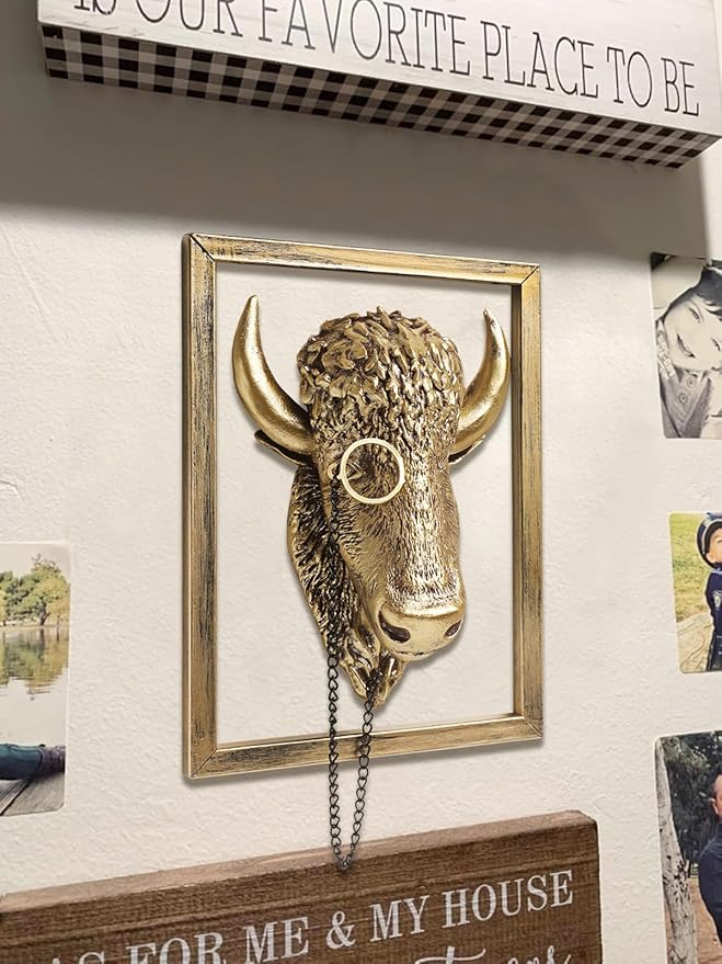 Newinhome Animal Heads Wall Decoration (Gift Metal Frame) Resin Animals Sculptures Head Wall Hanging Decor Gold vintage Wall Sculpture for Living Room Bedroom Office(Bull)