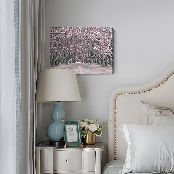Nicetop Pink Wall Art–Abstract Floral Trees Artwork Canvas Print Romantic Cherry Blossom Nature Forest Path Archway Landscape Picture Decor for Bedroom Girls Room Bathroom, 16x12 Inch
