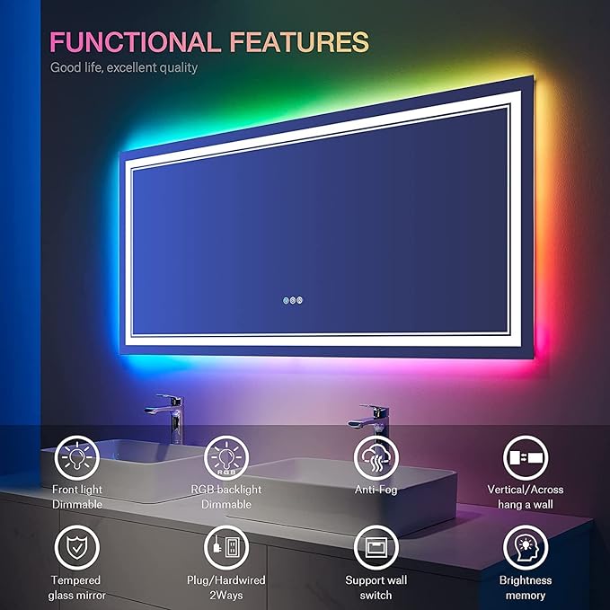 55x30 Inch RGB LED Mirror for Bathroom, RGB Backlit and Front Lighted Bathroom Mirror, Large Dimmable Vanity Mirror with Lights,Anti-Fog, Memory,ETL Listed, Wall Mounted