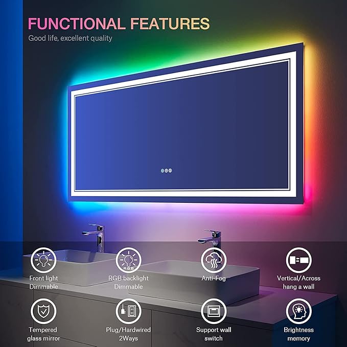 72x36 inch LED Bathroom Mirror with Lights Backlit RGB Color Changing Lighted Mirror for Bathroom Wall Dimmable Anti-Fog Led Mirror (RGB Multicolor Backlit + Adjustable Front-Lighted)