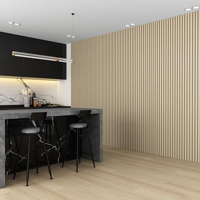 8-Pack WPC Wall Panels 118’’ x 6.1’’ 3D Slat Wall Panel Acoustic Wall Paneling for Interior Wall Decor TV Background Kitchen Bedroom Natural Wood