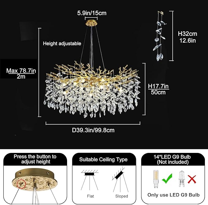 Modern Crystal Chandeliers for Dining Room Over Table, 40" Round Gold Tree Branche Chandelier, Large Crystal Chandelier for Living Room,High Ceiling,Foyer,Entryway,Kitchen Island,Staircase