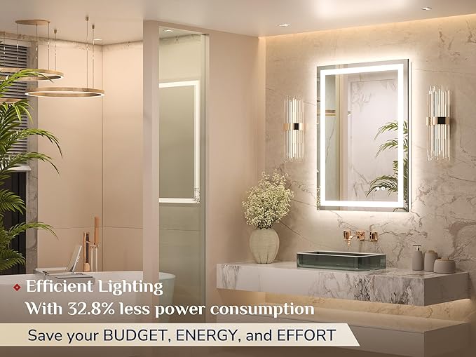 Keonjinn 24" x 36" Lighted Mirror for Bathroom Wall, LED Mirror with Frontlit & Backlit, Dimmable 3-Color Lights, HD Tempered Glass, UL-Listed LED Driver