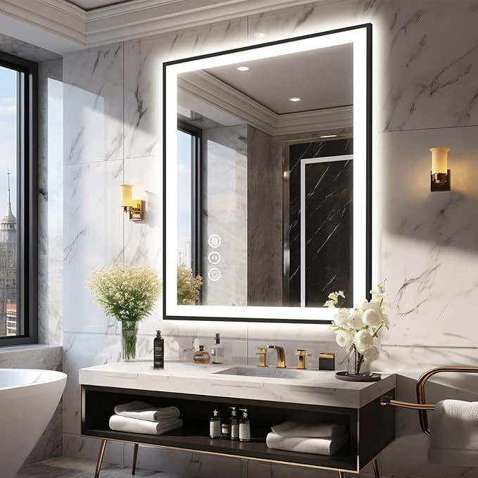 30x36 Lighted Mirrors for Bathroom Wall, Modern Rectangle Matte Black Mirror, Tempered Glass，Double Lights, 3 Colors Dimmable Temperature, IP54 Enhanced Anti-Fog, Memory (Horizontal/Vertical)