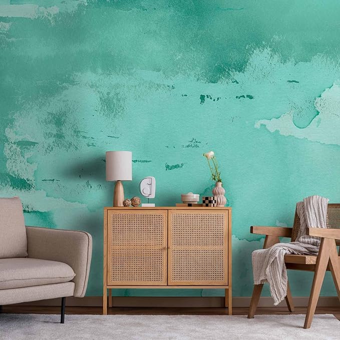 artgeist Wall Mural Concrete 193x138 in - Peel and Stick Self-Adhesive Wallpaper Removable Large Sticker Foil Wall Decor Print Picture Design Abstract Faux Stone Paint Stains Turqoise a-A-10180-a-b