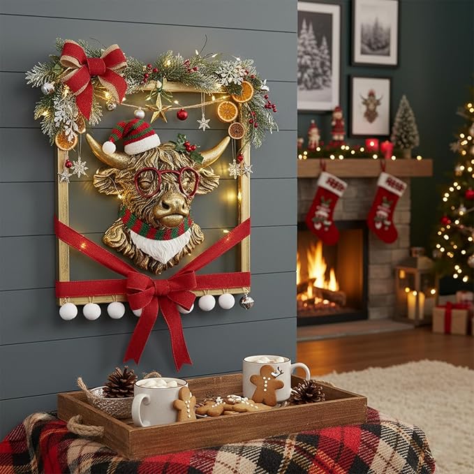 Animal Heads Wall Decor (Includes Metal Frame) Resin Animals Sculptures Head Wall Hanging Decoration Gold vintage Wall Sculpture for Living Room Bedroom Office(Highland cattle)