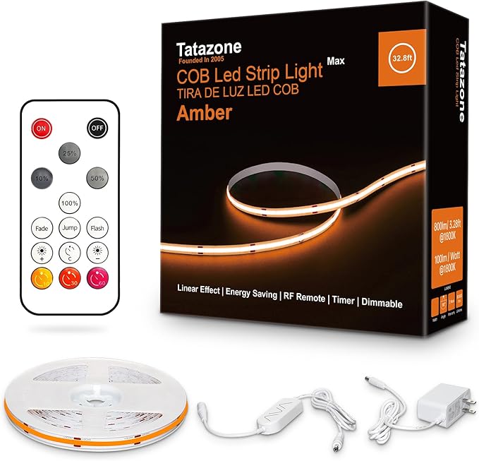 32.8ft 1800K COB Led Strip Lights with RF Remote, Dimmable Bright Adhesive Indoor Amber Led COB Light Strip for Cabinet, Painting, Room, Bed