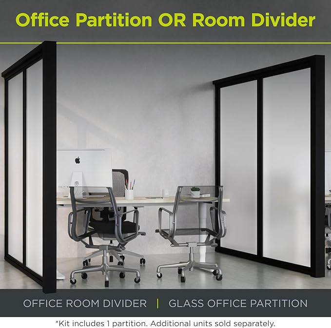 2-Panel Stationary Frosted Glass Partition Kit - Tempered Glass Privacy Wall Divider Screen for Office, Room, Cubicle, Desk - Commercial & Residential Separator - 4" D x 72" W x 84" H, Black Frame