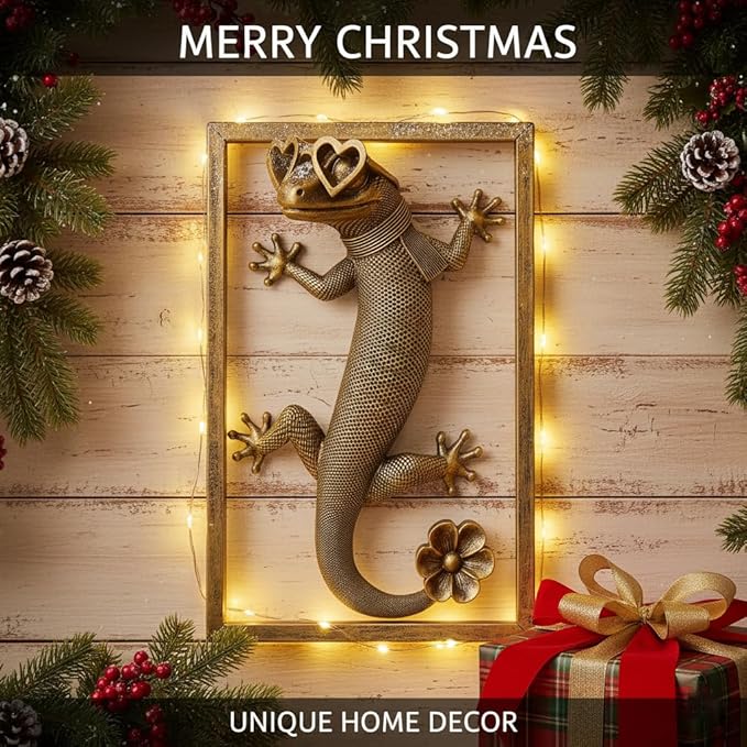 Newinhome Animal Heads Wall Decor (Includes Metal Frame) Resin Animals Sculptures Head Wall Hanging Decoration Gold vintage Wall Sculpture for Living Room Bedroom Office(Lizard)