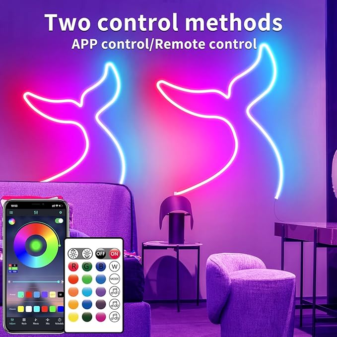 16.4ft Led Neon Rope Lights Remote/APP Control IP65 Waterproof Flexible 24VRGB LED Neon Light Music Sync LedSNeon Strips Light Led neon Lights for Bedroom Room Outdoors Décor