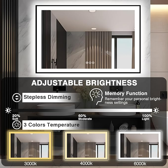 51x32 LED Lit Bathroom Mirror - Black Framed, Front and Backlit LED Lighted, Anti-Fog Bathroom Mirror with Lights, 3 Colors Stepless Dimmable Mirror, Touch Sense (Horizontal/Vertical)