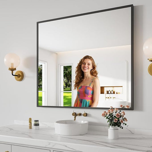 Bathroom Mirror 36x40 Black Bathroom Wall-Mounted Mirrors, Modern Vanity Mirror for Bedroom, Living Room, Aluminum Alloy Frame Allow to Hang Horizontally or Vertically