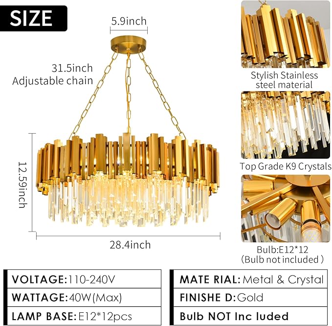 Modern Gold Crystal Chandelier Hanging Ceiling Light Fixture 12 Lights Round Crystal Chandeliers for Dining Room Pendant Light Fixture Crystal Chandeliers Living Room Bedroom Entryway W29in