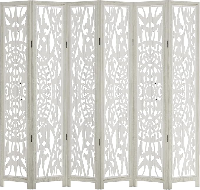 Casaphoria 6 Panels Room Divider, Folding Screen Room Divider with Carved Floral Pattern for Home Office, Restaurant and Bedroom, Paulownia Wood, 95" W x 67" H (White)