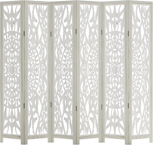 Casaphoria 6 Panels Room Divider, Folding Screen Room Divider with Carved Floral Pattern for Home Office, Restaurant and Bedroom, Paulownia Wood, 95" W x 67" H (White)