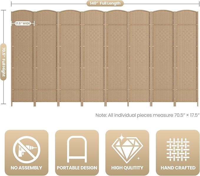 8 Panel Room Divider,6Ft Folding Privacy Screen,Tall - Extra Wide Foldable Panel Partition Wall Divider with Diamond Double-Weaved Hand-Woven Design Room Screen Divider