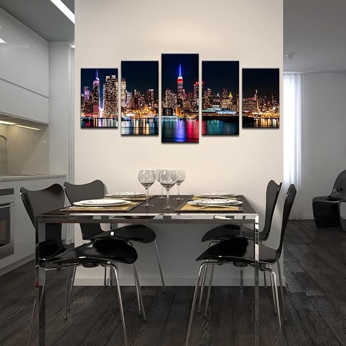 Biuteawal - New York City Canvas Wall Art Manhattan Skyline at Night Picture Prints Modern Home Office Wall Decoration Stretched Ready to Hang