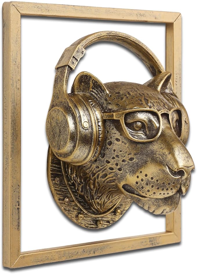 JJALIGHTS Exquisite Resin Animal Head Wall Sculpture (Gift Metal Frame) - Imitation Copper Vintage Decor for Living Room, Bedroom & Office | Decorative Wall Hanging Art (Leopard)