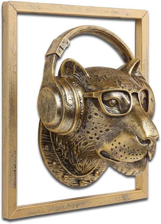 JJALIGHTS Exquisite Resin Animal Head Wall Sculpture (Gift Metal Frame) - Imitation Copper Vintage Decor for Living Room, Bedroom & Office | Decorative Wall Hanging Art (Leopard)