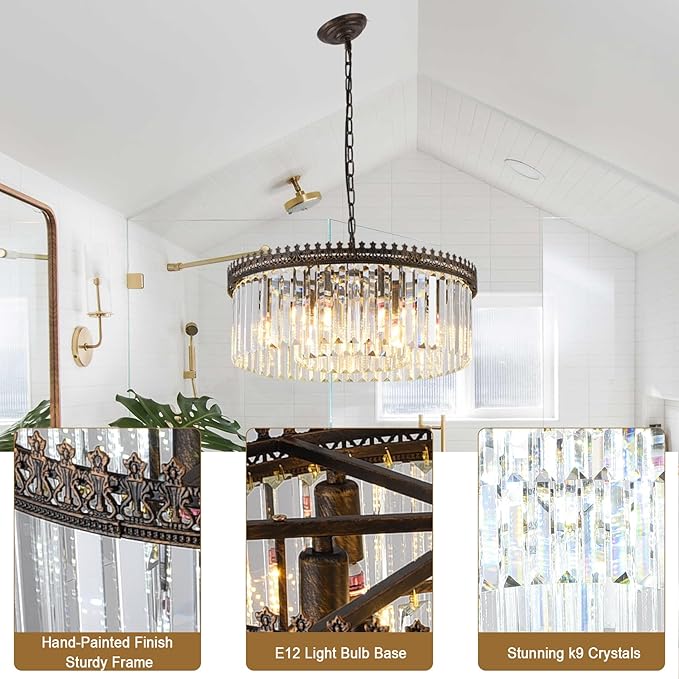 6-Light Crystal Chandelier, 21.6" Modern Farmhouse Crystal Light Fixture, Vintage Antique Bronze Round Hanging Lighting Fixture for Dining Room Foyer Living Room Entryway