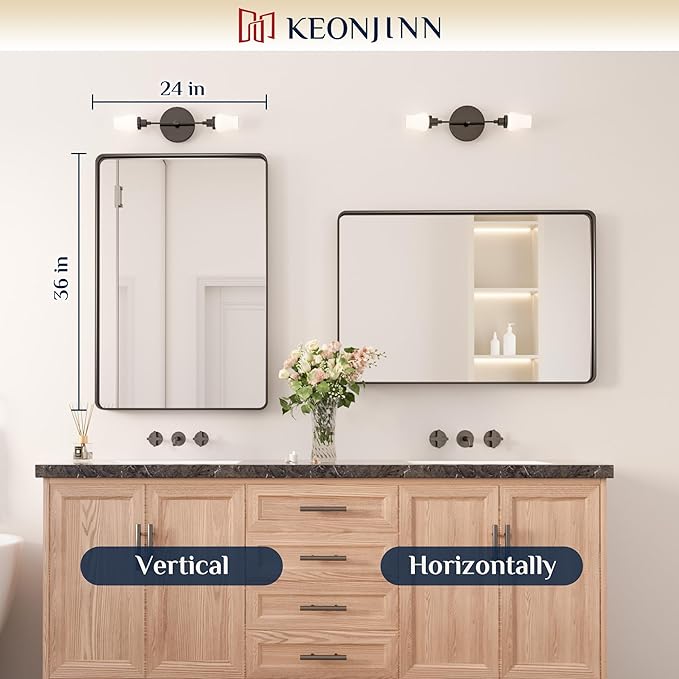 Keonjinn Black Bathroom Mirror for Vanity 24 x 36 Inch Metal Framed Wall Mirror Matte Black Rounded Rectangle Farmhouse Mirror, HD Tempered Glass, Wall-Mounted Decorative Mirrors(Horizontal/Vertical)