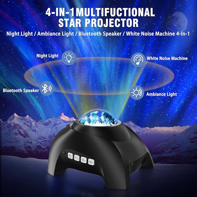 Northern Lights Aurora Projector for Bedroom with Music Bluetooth Speaker and White Noise, Galaxy Projector, Starry Night Light Projectors for Kids Adults Gaming Room
