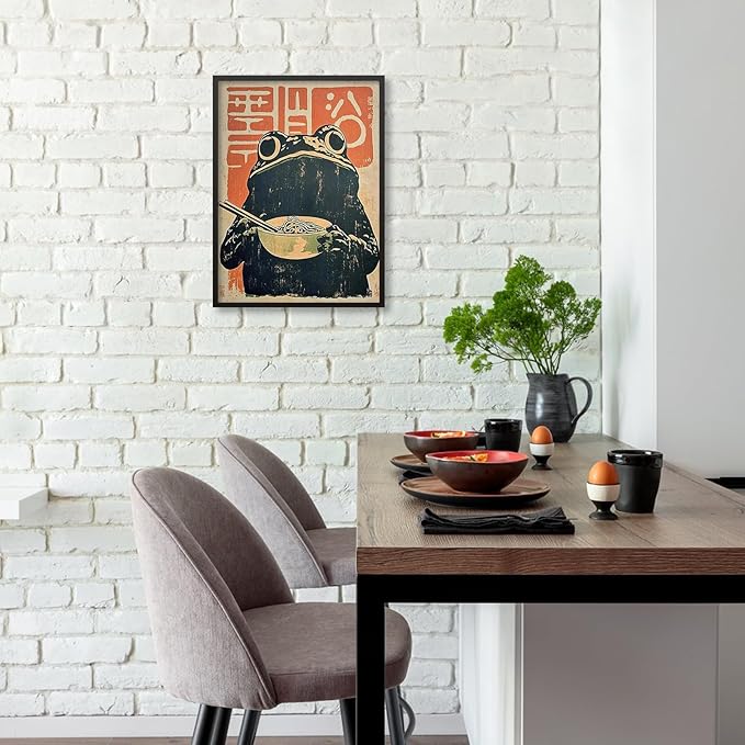 Black Framed Canvas Wall Art Posters Vintage Japanese Frog Prints Funny Frog Eating Ramen Unique Kitchen Decor Artwork 8x10 inch for dining Room Bedroom or Living Room Decoration