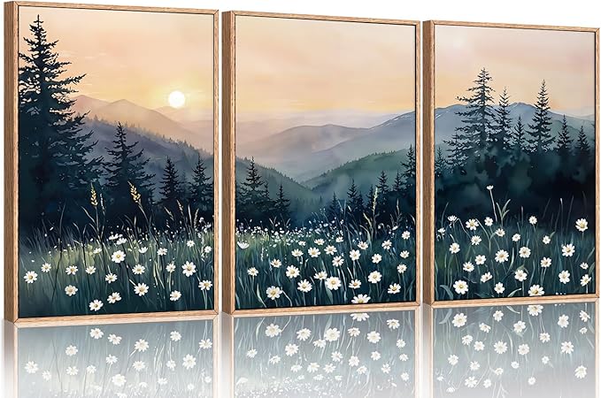 KAIRNE 3 Piece Framed Mountain Landscape Wall Art with Daisies, Sunset Forest and Misty Pine Tree Canvas Prints, Nature Scenery Home Decor for Living Room, Bedroom, Office, 16x24inch