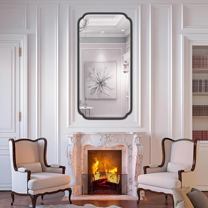 48 x 24 Inch Black Bathroom Vanity Mirror for Wall with Metal Frame Modern Rectangle Rounded Corner Wall Decor Mirror for Big Bathroom Over Sink (Horizontal/Vertical)