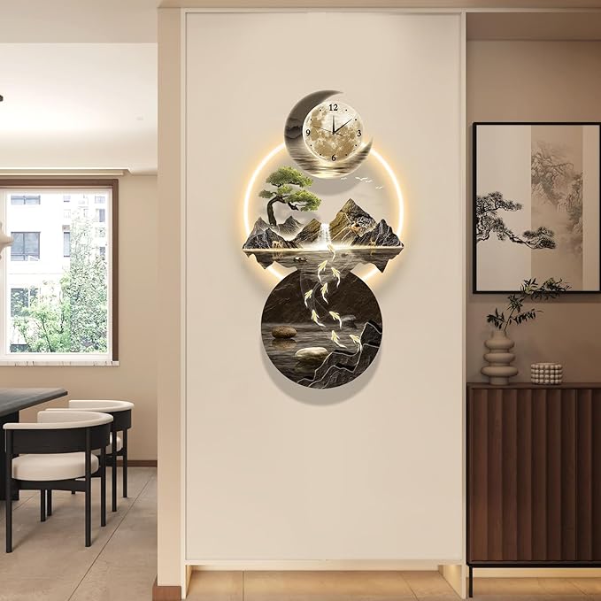 LED Light Art Wall Decor, 3D Art Wall Decor Clock, Decors Walls Sculptures with Lights, Modern Home Decors Landscape Walls Sculpture, Plug-in Power Supply, Gold G, 19x39IN