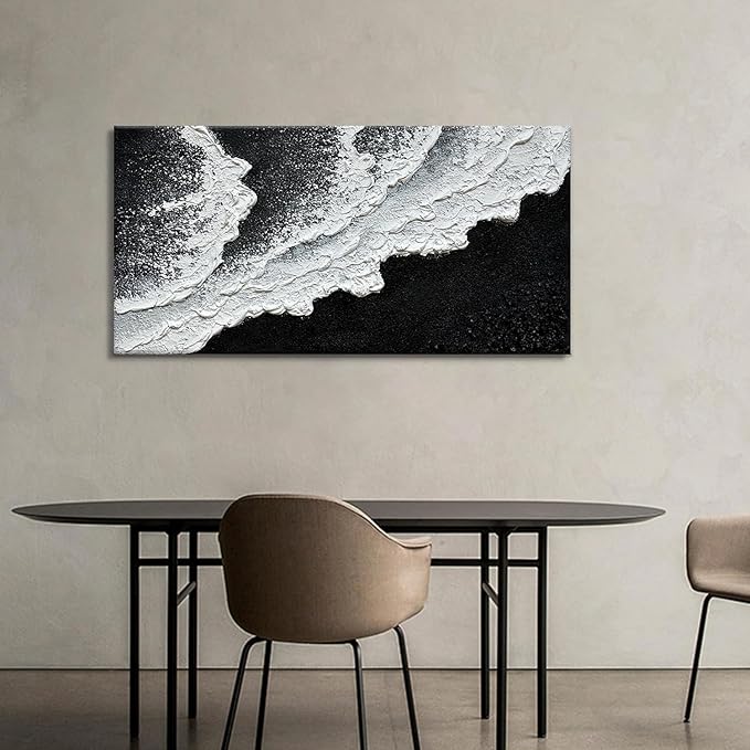 Black and White Beach Wave Textured Wall Art 3D Oil Painting Hand Painted Abstract Canvas Framed 40x20 Inch Acrylic Painting