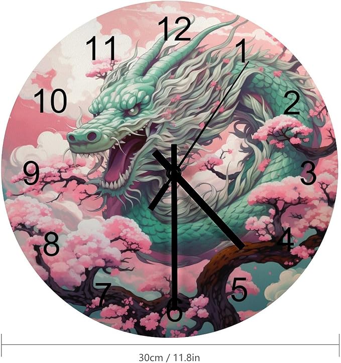 Pink Dragon-Themed Round Wall Clock, Pink Background Flower Tree Girl's Personalized Oriental Dragon Decoration, Wooden Silent Wall Clock for Family Room Bedroom 12x12INCH